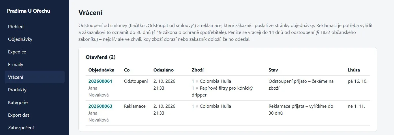 Velín, Vrácení: odstoupení od smlouvy a reklamace s lhůtou, do kdy je vyřídit