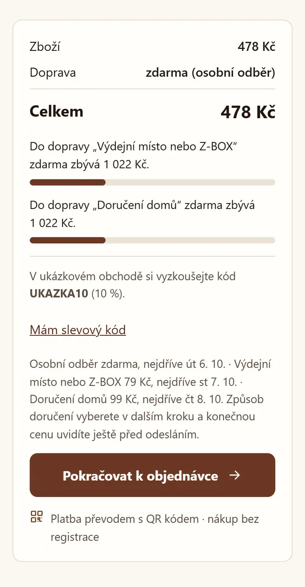 Košík na telefonu: součet, kolik zbývá do dopravy zdarma, slevový kód a termíny doručení