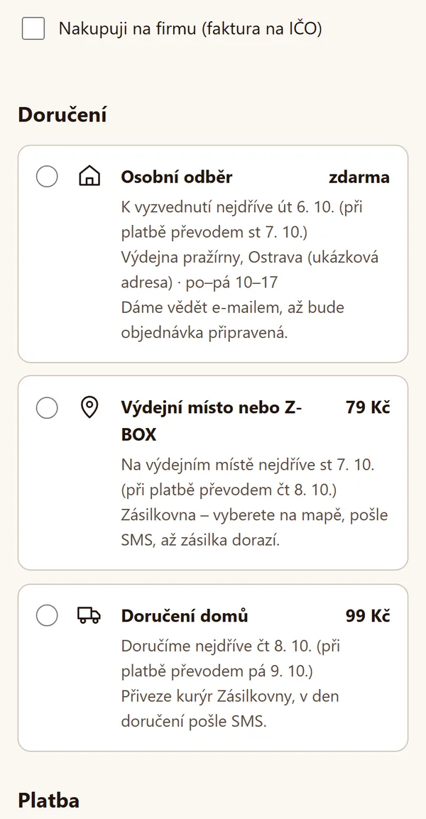 Pokladna na telefonu: volba nákupu na firmu a výběr doručení s cenou a datem u každé možnosti