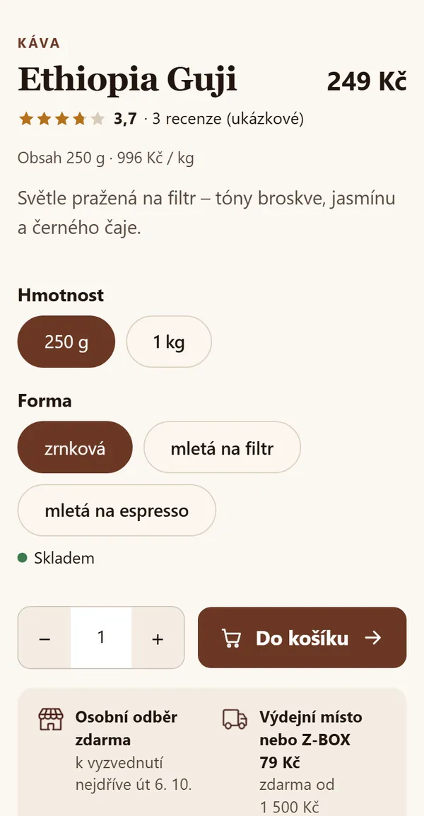 Stránka zboží na telefonu: cena, výběr hmotnosti a mletí, tlačítko Do košíku a pod ním termíny doručení pro osobní odběr i výdejní místo